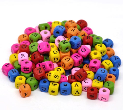 500 unidades letras A a Z Mix cuentas de madera, multicolor, D. 10 x 9 mm, agujero 3,3 mm