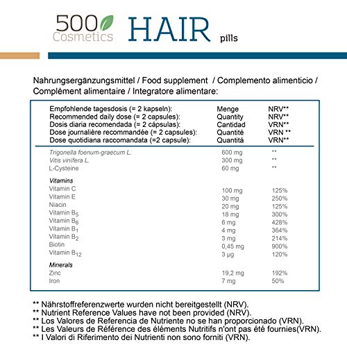 500Cosmetics Hair- Cápsulas Naturales para Prevenir y Evitar la Caída del Pelo con L-Cysteine y Zinc - Mejora el estado del Cabello y Aporta Nutrientes - Para Hombre y Mujer. (1)