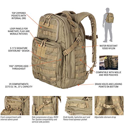 5.11Tactical RUSH24 Military Backpack, Molle Bag Rucksack Pack, 37 Liter Medium, Style 58601