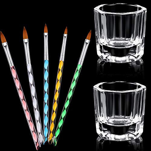 7 Herramientas de Cuidado Manicura incluye 2 Platos Vasos de Cristal de Arte de Uñas y 5 Pinceles de Uñas de Acrílico Gel Diseño 3D para Acrílico Líquido Herramienta de Diseños para Uñas