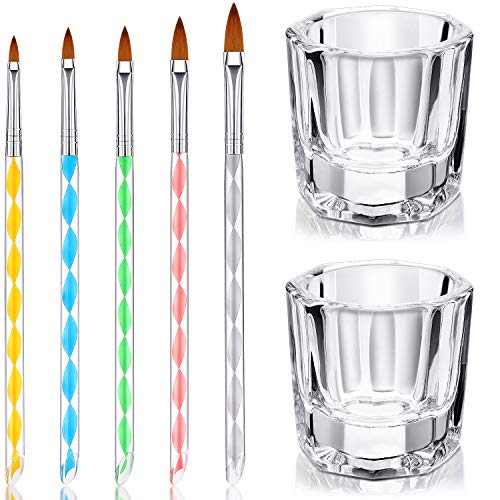 7 Herramientas de Cuidado Manicura incluye 2 Platos Vasos de Cristal de Arte de Uñas y 5 Pinceles de Uñas de Acrílico Gel Diseño 3D para Acrílico Líquido Herramienta de Diseños para Uñas