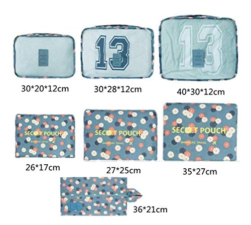 7 Set de Organizador de Equipaje, Impermeable Organizador de Maleta Bolsa para Ropa Sucia de Viaje, Material Nylon（2Blue Flower）