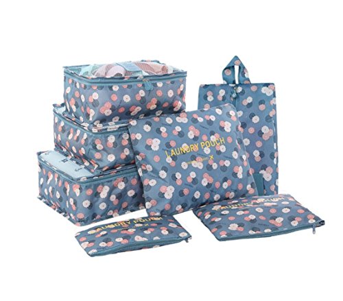 7 Set de Organizador de Equipaje, Impermeable Organizador de Maleta Bolsa para Ropa Sucia de Viaje, Material Nylon（2Blue Flower）