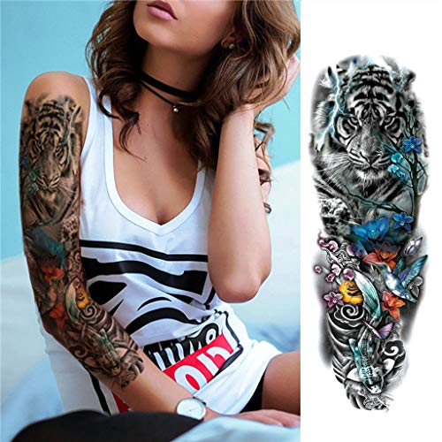 8 Hojas Full Brazo Tatuajes Temporales, Feelairy Grandes Tatuajes Falso Brazo Completo Negro, Tatuaje Temporal Adultos Tatuaje Cuerpo Pegatinas Animales para Hombres Mujeres, Calavera, León, Tigre