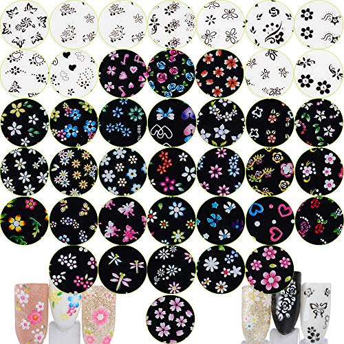 90 Hojas Pegatinas Uñas Decorativas Calcomanías Uñas Flores Nail Stickers para Decoración Arte de Uñas Negro + Blanco + Multicolor