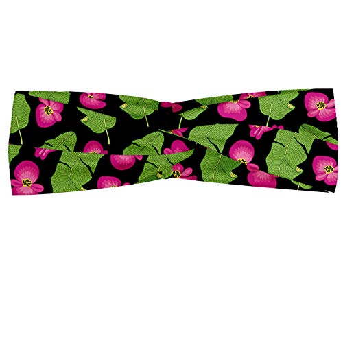 ABAKUHAUS Diadame Luau, Banda Elástica y Suave para Mujer para Deportes y Uso Diario Composición botánica de plátano hojas de palma y flores del jardín del arte, Verde gris