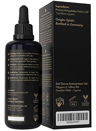 Aceite de Almendras 100% Puro y Orgánico 100ml / Certificación Ecológica y Prensado en Frío / Hidratación y Nutrición para Piel, Pelo y Uñas Con Vitaminas A, B y E / Envasado en Vidrio Violeta