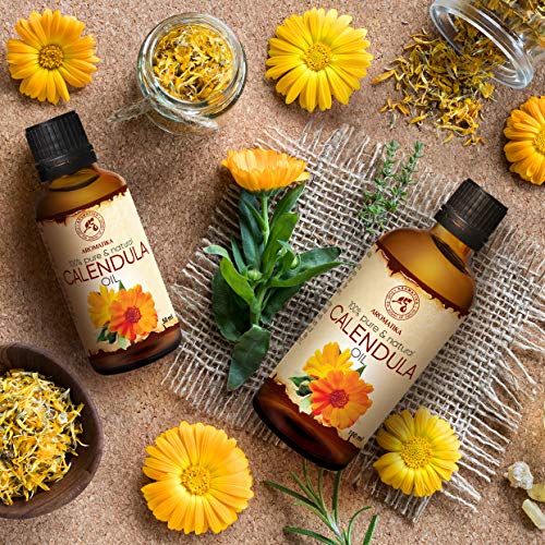 Aceite de Caléndula 100ml - Calendula Officinalis - 100% Puro y Natural - Botella de Cristal - Aceite Base - Cuidado Intensivo para el Rostro - Cabello - para la Piel Todo el Cuerpo