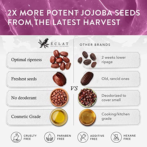 Aceite de Jojoba Orgánico Presionado en Frío Eclat – Aceite de Jojoba Orgánico 100% Puro sin Rellenos ni Aditivos para un Aceite de Jojoba Más Ligero Suave y Natural