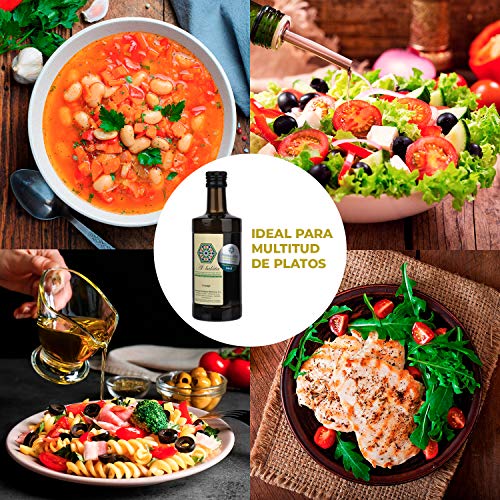 Aceite de Oliva Virgen Extra Premium, Ecológico y Orgánico | AOVE Gourmet de extracción en frío. Cosecha temprana de Arbequina y Morisca | Botella de 500ml y acidez 0,14º| Producto Bio de Extremadura