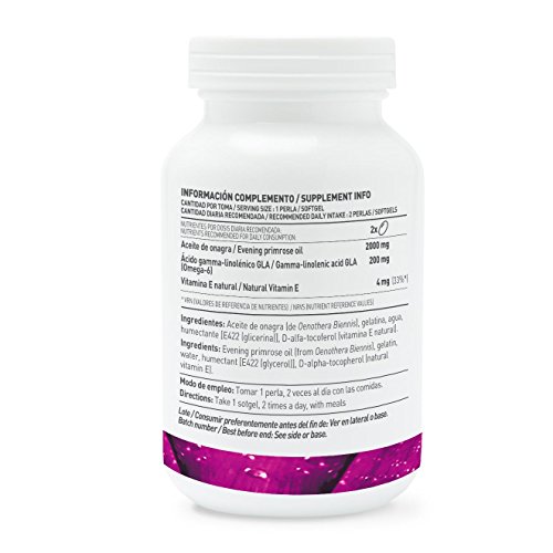 Aceite de Onagra perlas 1000mg de HSN | Evening Primrose Oil | 10% GLA (Ácido gamma-linolénico) Omega 6 | 120 Perlas