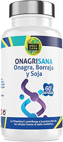 Aceite de Onagra | Perlas Aceite de Onagra + Borraja + Soja + Vitamina E | Para el equilibrio hormonal de las mujeres y la salud de la piel y los huesos| 60 Cápsulas - Aquisana