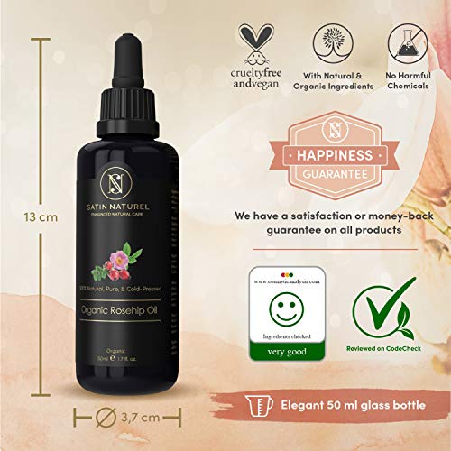 Aceite de Rosa Mosqueta Puro ORGÁNICO Vegano Prensado en Frío 50ml - Serum Facial de Rosa Silvestre con Vitamina E,C,A+Omega 3 – Usar como Crema Hidratante Facial Mujer - Piel Suave, Pelo+Uñas Sanas