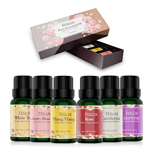 Aceites Esenciales Naturales ESSLUX Flores Aceites Esenciales Para Humidificador Difusor Top 6 Set 100% Natural Puro (rosa, ylang ylang, jazmín, gardenia, cerezo, té blanc)