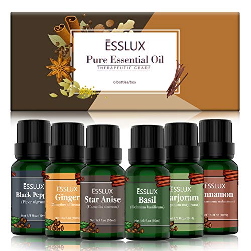 Aceites Esenciales Naturales, ESSLUX Spicy Aceites Esenciales Para Humidificador Difusor 6x10 ML Set 100% Puro - Pimienta negra, Canela, Mejorana, Jengibre, Anís estrellado, Albahaca