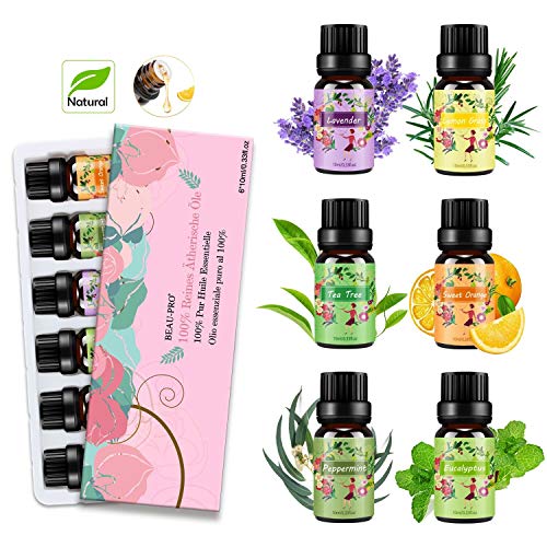 Aceites Esenciales para Humidificador Aceite Esencial 100% Naturales Puro Aromaterapia Esencias para Humidificador-6x10ml Set Lavanda, Eucalipto, Limoncillo, Árbol de Té, Menta, Naranja Dulce