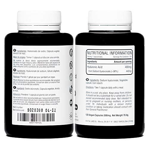 Ácido Hialurónico puro 400 mg | 120 cápsulas veganas (Suministro para 4 meses) | Alta dosis, concentración y biodisponibilidad que mantiene los cartílagos, articulaciones, huesos y piel sanos