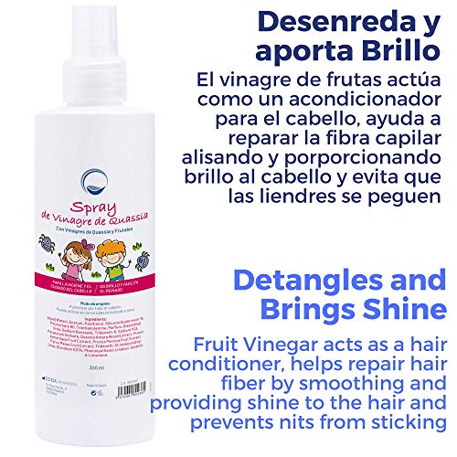 Acondicionador en Spray Preventivo Antipiojos con Vinagre de Quassia y Frutal 300 ml - Impide que los piojos se adhieran al pelo - Desenreda y da Brillo - Apto Cuero Cabelludo Sensible - Farmacéutico