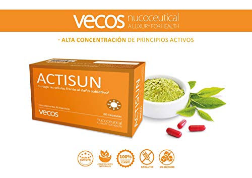 Actisun Vecos con betacaroteno para un bronceado natural y luminoso – Antioxidante con vitaminas C y E para la protección de la piel contra radiaciones ultra violetas y radicales libres – 60 cápsulas