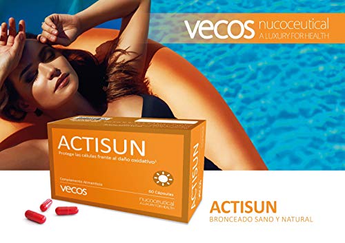 Actisun Vecos con betacaroteno para un bronceado natural y luminoso – Antioxidante con vitaminas C y E para la protección de la piel contra radiaciones ultra violetas y radicales libres – 60 cápsulas