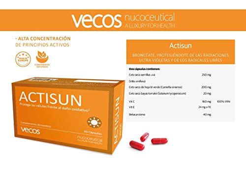 Actisun Vecos con betacaroteno para un bronceado natural y luminoso – Antioxidante con vitaminas C y E para la protección de la piel contra radiaciones ultra violetas y radicales libres – 60 cápsulas
