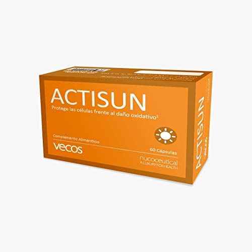 Actisun Vecos con betacaroteno para un bronceado natural y luminoso – Antioxidante con vitaminas C y E para la protección de la piel contra radiaciones ultra violetas y radicales libres – 60 cápsulas