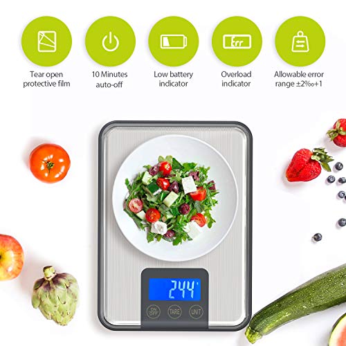 ADORIC 15kg/33lbs,Báscula de Cocina 15kg con Pantalla LCD para Cocina de Acero Inoxidable, Balanza de Alimentos Multifuncional,Color Plata(2 Baterías Incluidas)