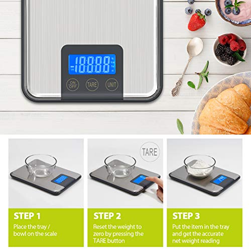 ADORIC 15kg/33lbs,Báscula de Cocina 15kg con Pantalla LCD para Cocina de Acero Inoxidable, Balanza de Alimentos Multifuncional,Color Plata(2 Baterías Incluidas)