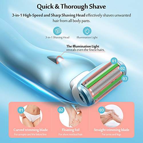 Afeitadora Eléctrica para Mujer, Ribivaul Afeitadora Mujer, Depiladora Electrica con hoja de afeitar 3 en 1 y lámina flotante 3D, Maquinilla de Afeitar Recargable para Uso Húmedo y Seco (Blue-1)