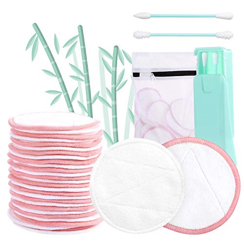 AGPTEK 18Pcs Discos Desmaquillantes Reutilizables con 4 Pcs Bastoncillo de Algodón Reutilizable, Bolsa de Lavado, Aptos para todo Tipo de Pieles
