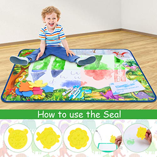 Agua Dibujo Pintura Alfombra de Agua Doodle 120*72cm Dinosaur Esteras de Agua Doodle Pizarra Mágica con Bolígrafos Mágicos, Moldes y Folleto Juguete Educativo Regalo para Niños y Niñas 3+ Años