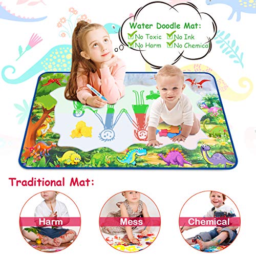 Agua Dibujo Pintura Alfombra de Agua Doodle 120*72cm Dinosaur Esteras de Agua Doodle Pizarra Mágica con Bolígrafos Mágicos, Moldes y Folleto Juguete Educativo Regalo para Niños y Niñas 3+ Años