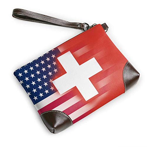 Ahdyr Carteras de cuero con bandera de Suiza de EE. UU, Carteras de mano, Carteras para teléfono, Estuche para maquillaje, Neceser de aseo, Estuche para cosméticos para viajes