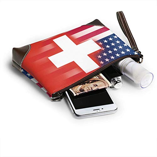 Ahdyr Carteras de cuero con bandera de Suiza de EE. UU, Carteras de mano, Carteras para teléfono, Estuche para maquillaje, Neceser de aseo, Estuche para cosméticos para viajes