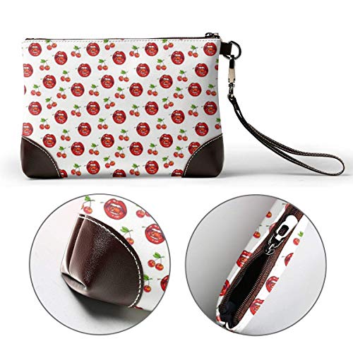 Ahdyr Labios Cereza Mujer Labios rojos Cartera de cuero Bolso de mano Bolsos con cremallera Monederos para mujeres Carteras de teléfono con ranuras para tarjetas de correa