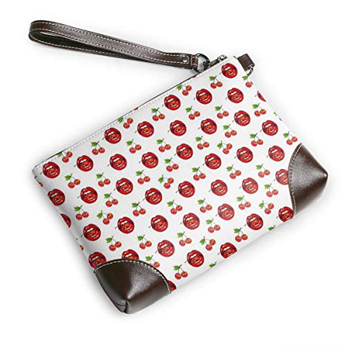 Ahdyr Labios Cereza Mujer Labios rojos Cartera de cuero Bolso de mano Bolsos con cremallera Monederos para mujeres Carteras de teléfono con ranuras para tarjetas de correa