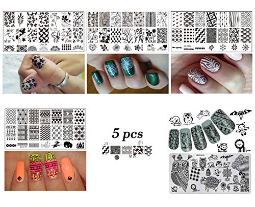 AIMEILI Estampacion Uñas de Acero Inoxidable 5Pcs Placas Para Uñas + 2 Sello Estampador de Uñas + 2 Raspador + 1 latex liquido Nail Art Stamping Plantillas Uñas Decoracion