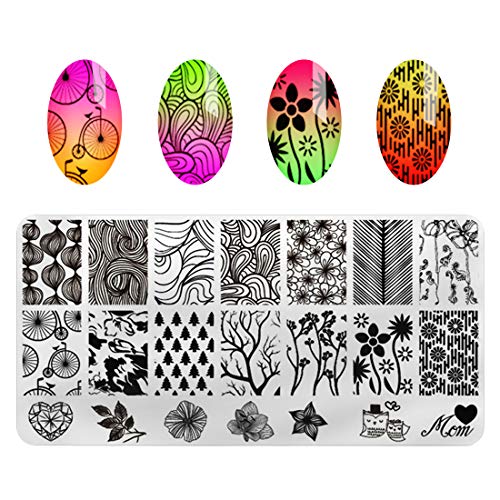 AIMEILI Estampacion Uñas de Acero Inoxidable 5Pcs Placas Para Uñas + 2 Sello Estampador de Uñas + 2 Raspador + 1 latex liquido Nail Art Stamping Plantillas Uñas Decoracion