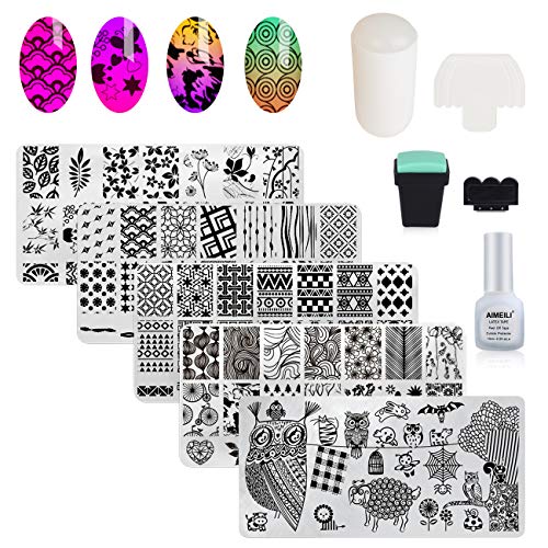 AIMEILI Estampacion Uñas de Acero Inoxidable 5Pcs Placas Para Uñas + 2 Sello Estampador de Uñas + 2 Raspador + 1 latex liquido Nail Art Stamping Plantillas Uñas Decoracion