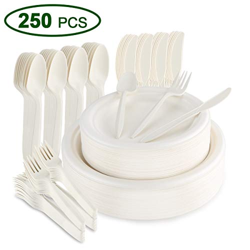 Aitsite Juego de Vajilla Desechable de 250 Piezas, Vajilla Ecológica Incluye 50 Platos de Papel Biodegradables, Tenedores, Cuchillos y Cucharas Combo para Fiesta, Camping, Picnic (Blanco)