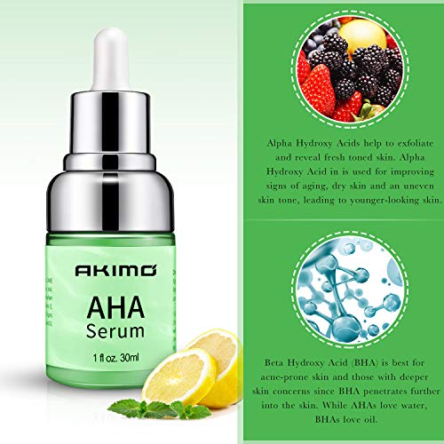 AKIMO AHA 30% + BHA 2% suero facial - Cuidado de la piel hidratante suave, ácido alfa hidroxi para tonificar, reducción de arrugas y líneas, piel radiante saludable, 30ml / 1fl.oz