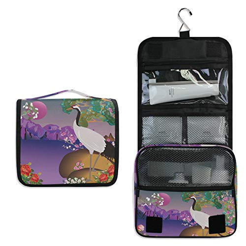 ALARGE - Bolsa de aseo colgante con flores de Japón, diseño floral y grúa de animales para lavado de gárgaras, bolsa de viaje portátil grande, organizador de maquillaje para mujeres y hombres