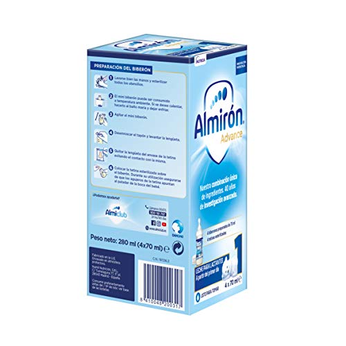 Almirón Advance 1 Minibiberones Leche de Inicio a Partir del Primer Día - Caja con 4 Minibiberones x 70 ml