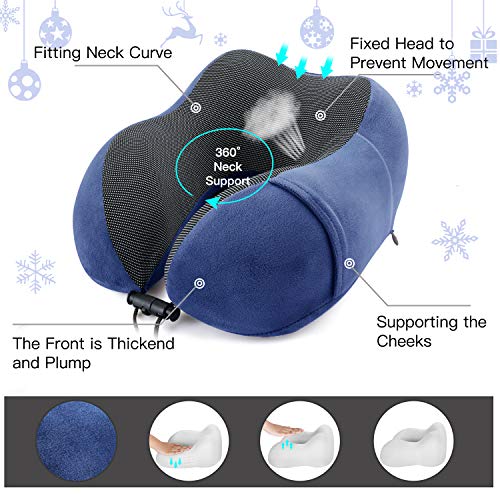 Almohada de Espuma viscoelástica con Funda de Transporte, Antifaz y Tapones para los oídos, cómodo y portátil para el Cuello, para avión, Tren, Coche, Lectura, Dormir, etc. Azul Marino 1