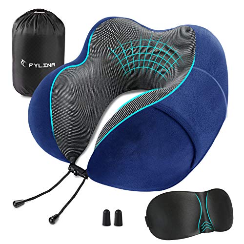 Almohada de Espuma viscoelástica con Funda de Transporte, Antifaz y Tapones para los oídos, cómodo y portátil para el Cuello, para avión, Tren, Coche, Lectura, Dormir, etc. Azul Marino 1