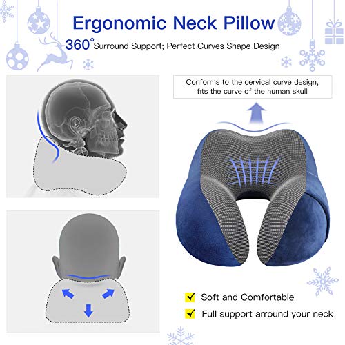 Almohada de Espuma viscoelástica con Funda de Transporte, Antifaz y Tapones para los oídos, cómodo y portátil para el Cuello, para avión, Tren, Coche, Lectura, Dormir, etc. Azul Marino 1