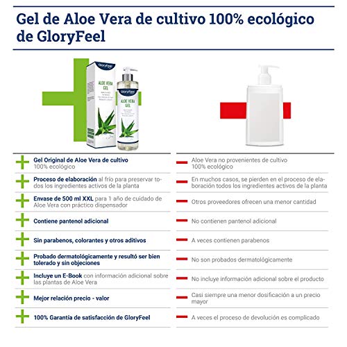 Aloe Vera Puro 500ml - Cultivo controlado 100% ecológico - Hidratante natural - Loción calmante y refrescante para despues del sol - Probado dermatologicamente - Para todo tipo de piel
