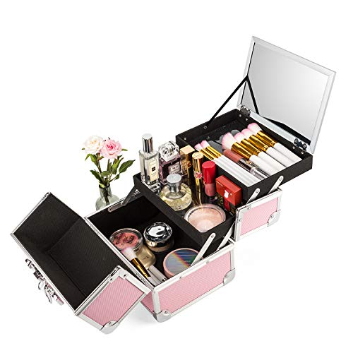 AMASAVA Maletín para Maquillaje, Estuche de Maquillaje, Estuche de cosméticos, 24 x 17 x 19 cm, ABS de Aluminio, con Espejo, Cerradura, 2 bandejas, Negro + Rosa (Rosa-1)