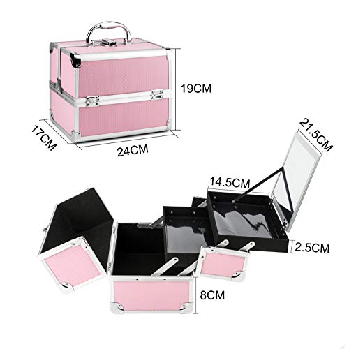 AMASAVA Maletín para Maquillaje, Estuche de Maquillaje, Estuche de cosméticos, 24 x 17 x 19 cm, ABS de Aluminio, con Espejo, Cerradura, 2 bandejas, Negro + Rosa (Rosa-1)