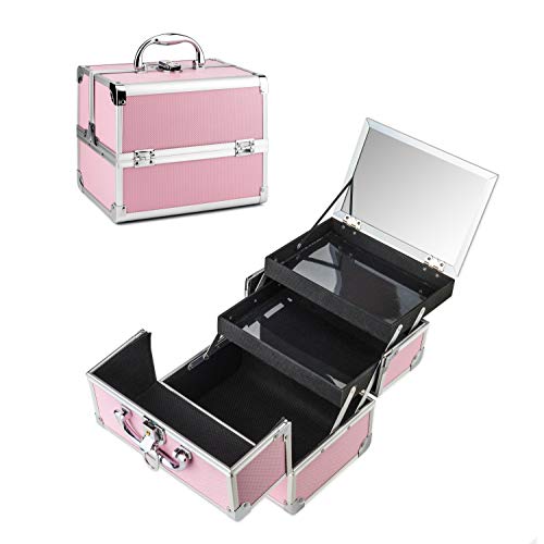 AMASAVA Maletín para Maquillaje, Estuche de Maquillaje, Estuche de cosméticos, 24 x 17 x 19 cm, ABS de Aluminio, con Espejo, Cerradura, 2 bandejas, Negro + Rosa (Rosa-1)